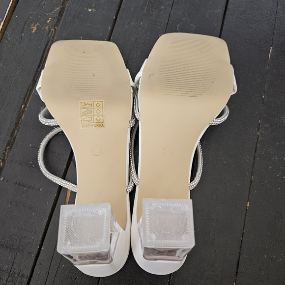 Elegant White Women's Heels with Rhinestone Straps Women's 11 Fancy Square Toe - Picture 10 of 11